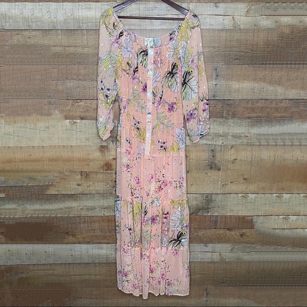 Anthropologie Fig & Flower Mixed Media Boho Smocked Waist Maxi Dress Size XL